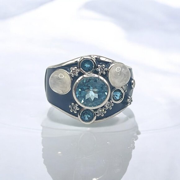 Jillian Samuels Jewelry Jewelry - Blue Topaz and Moonstone Blue Enamel Ring in 925 Sterling Silver